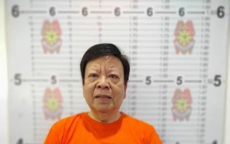 Sen. Rodante Marcoleta in an official CIDG booking photo, holding a placard reading PLUNDER
